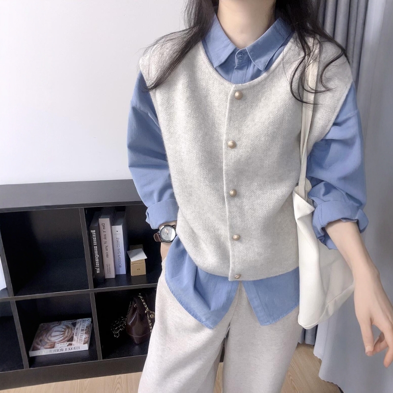 韩系质感翻领衬衫叠穿针织马甲