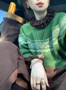 费尔岛复古绿色针织毛衣搭配花边打底衫ins秋季慵懒风穿搭两件套