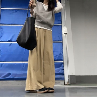 女2025秋季 长裤 新款 高腰显瘦设计感直筒裤 子 韩版 卡其色休闲阔腿裤