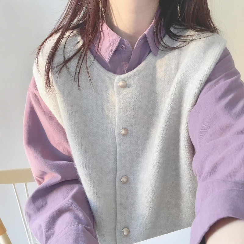 韩系圆领针织背心叠穿翻领衬衫女