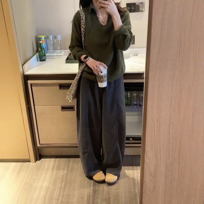 秋季穿搭~软糯磨毛阔腿裤配毛衣