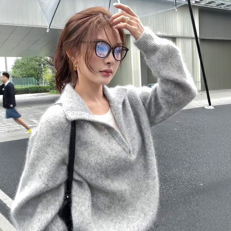 韩系简约翻领套头毛衣女