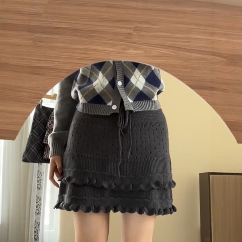 法式别致小众木耳边针织半身裙女