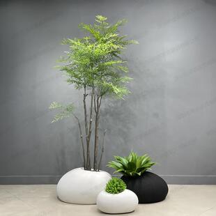 新中式别墅花园造景石头花盆酒店商场南天竹假树盆景橱窗落地摆设