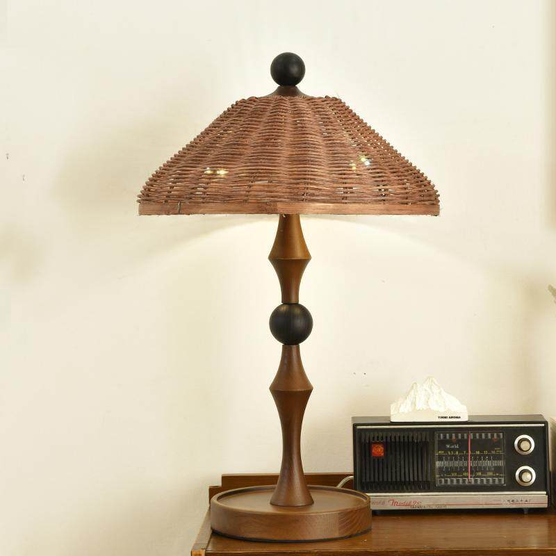 侘寂风实木台灯具藤编设计师民宿酒店卧室床头书房客厅覆古新中式