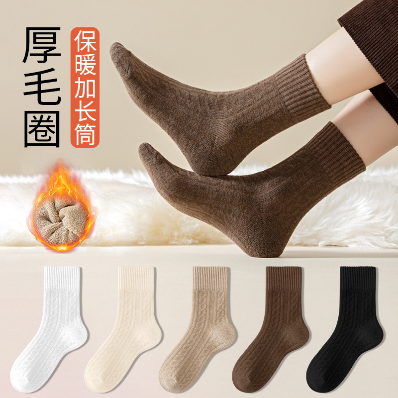 浙江诸暨袜子厚女加绒加厚毛圈中筒袜麻花冬季保暖地板袜辽源义乌