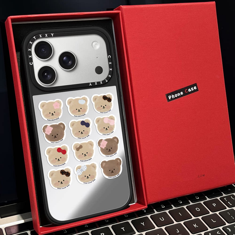 C家棕米色TWOI小熊头排列贴纸磁吸MagSafe适用苹果17/18proMax手机壳iPhone15防摔16pro保护套13/14镜面17Air