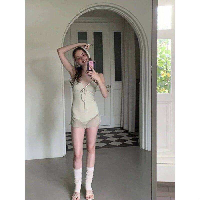 韩国新款女清新纯欲绿色格子裙式连体泳装性感显瘦温泉度假泳衣女