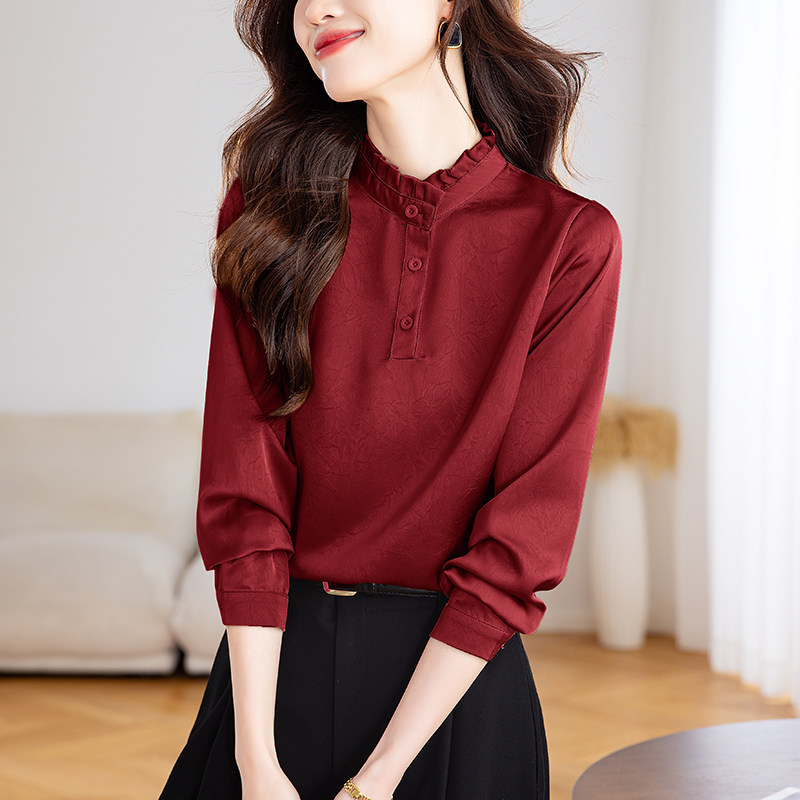 RIERA妈妈高级感缎面红色衬衫女士春秋2025新款春季衬衣女长袖洋