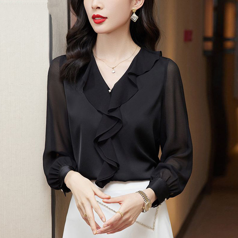 RIERA妈妈黑色荷叶变v领雪纺衬衫女士春秋2025新款春装衬衣女洋气