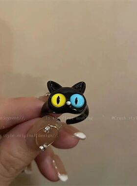 呆萌甜酷小喵ins小众黑色檀木小猫咪编织手链戒指送情侣闺蜜礼物