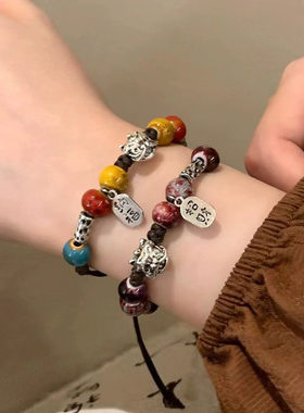 纳福新中式复古陶瓷串珠手链女民族风国潮醒狮情侣手串手绳ins