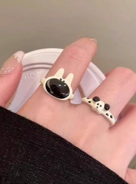 萌宠斑点狗兔子开口戒指童趣可爱