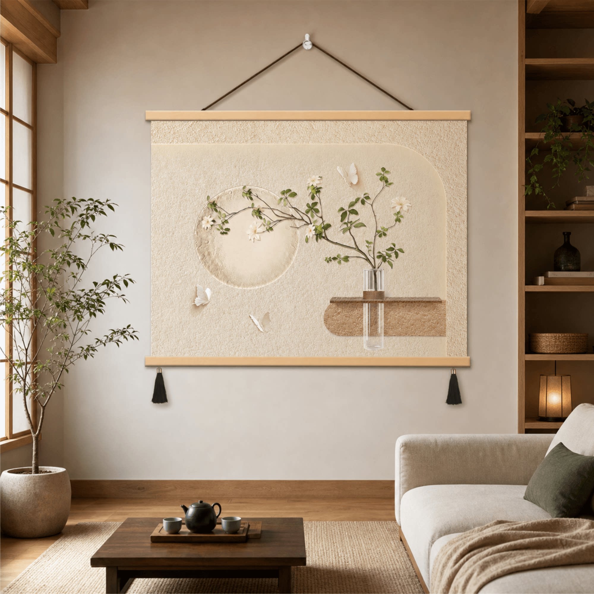 日式禅意花枝蝴蝶月亮装饰画客厅茶室卧室墙面挂画雅致立体温馨画