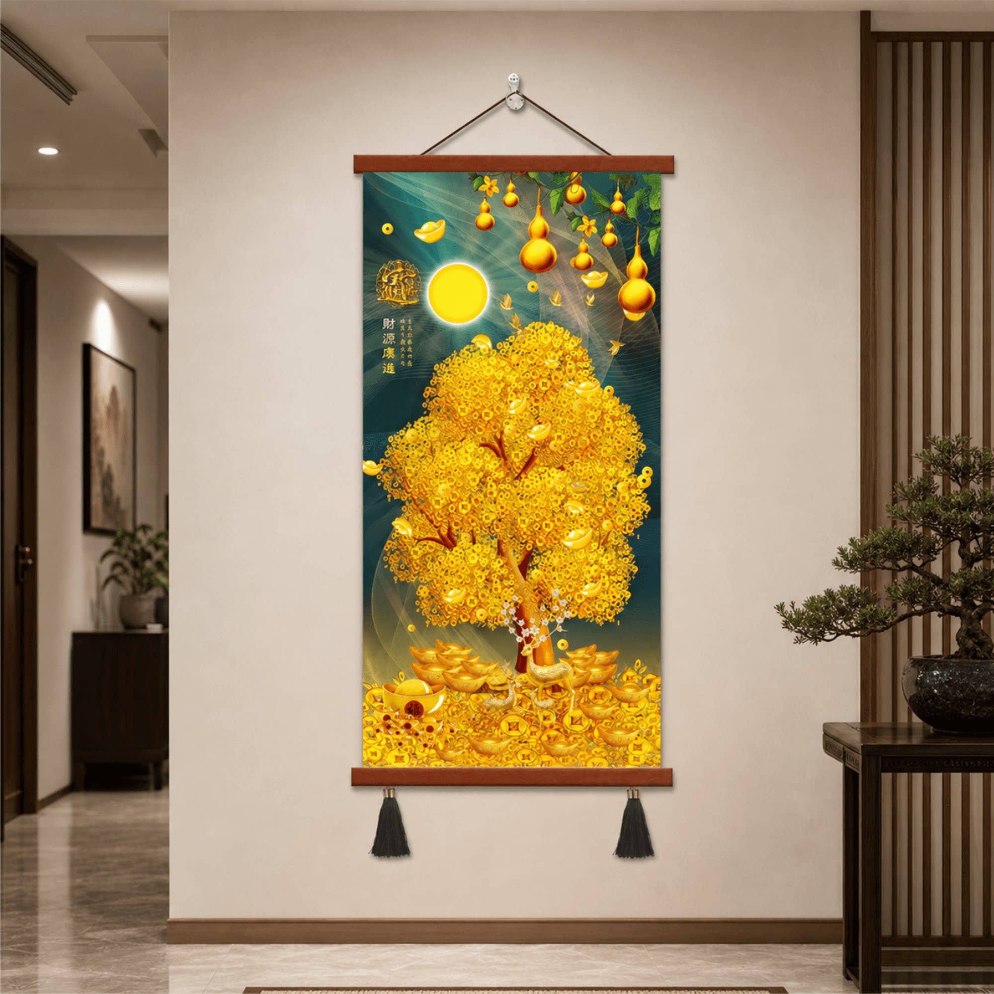 新中式玄关招财发财树挂画客厅走廊墙面装饰财源广进大气吉祥壁画