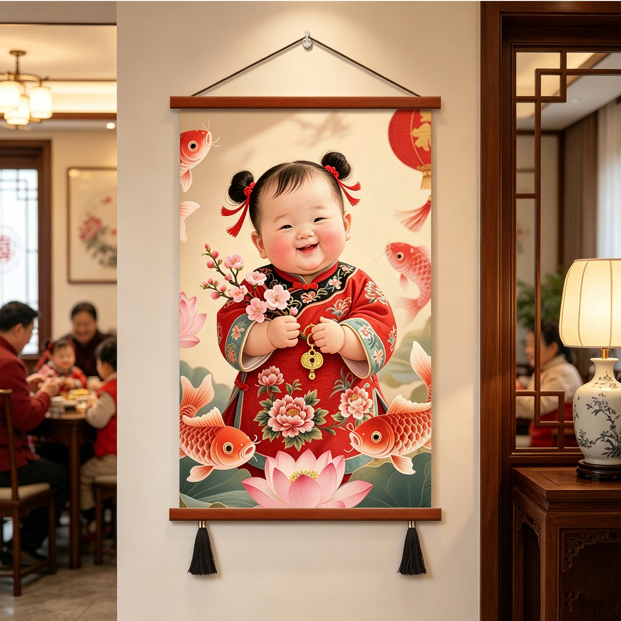 麒麟送子画像装饰画麒麟送子图富贵吉祥结婚童子画卧室卷轴挂画