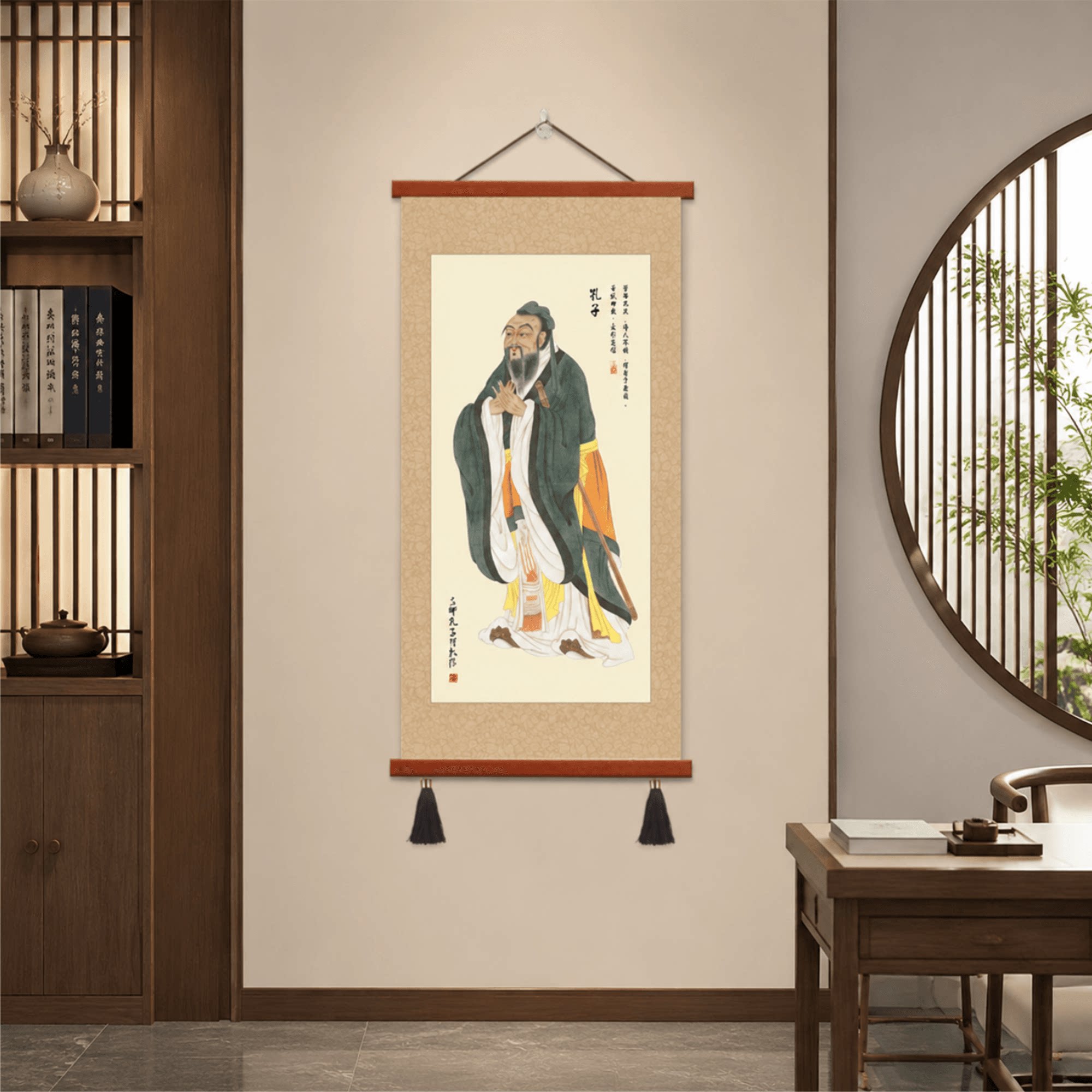 家居中式孔子画像挂画书房客厅玄关茶室国学文化墙面精品装饰壁画