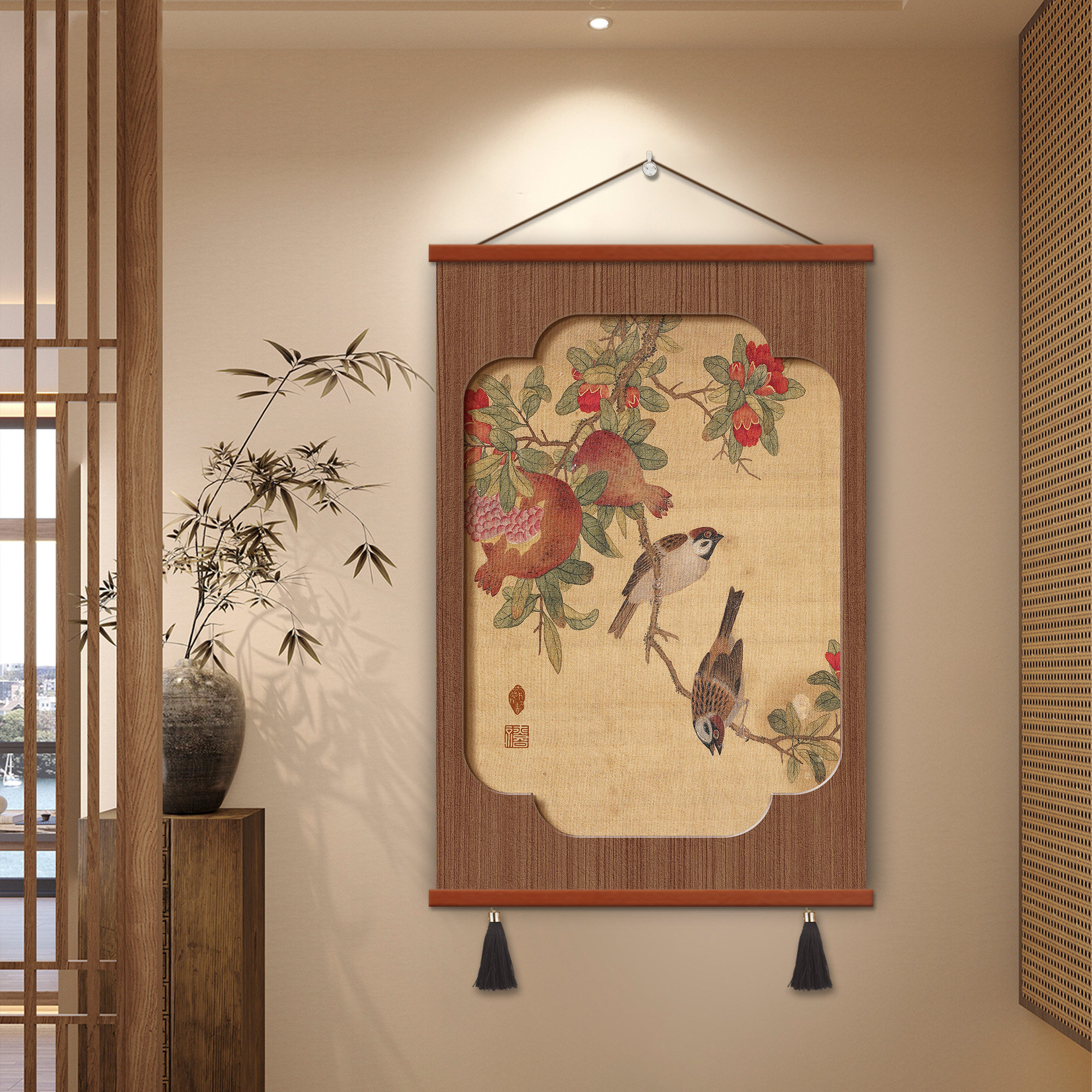 新中式卷轴挂画玄关竖版茶室花鸟仙鹤字画客厅餐厅背景墙挂画