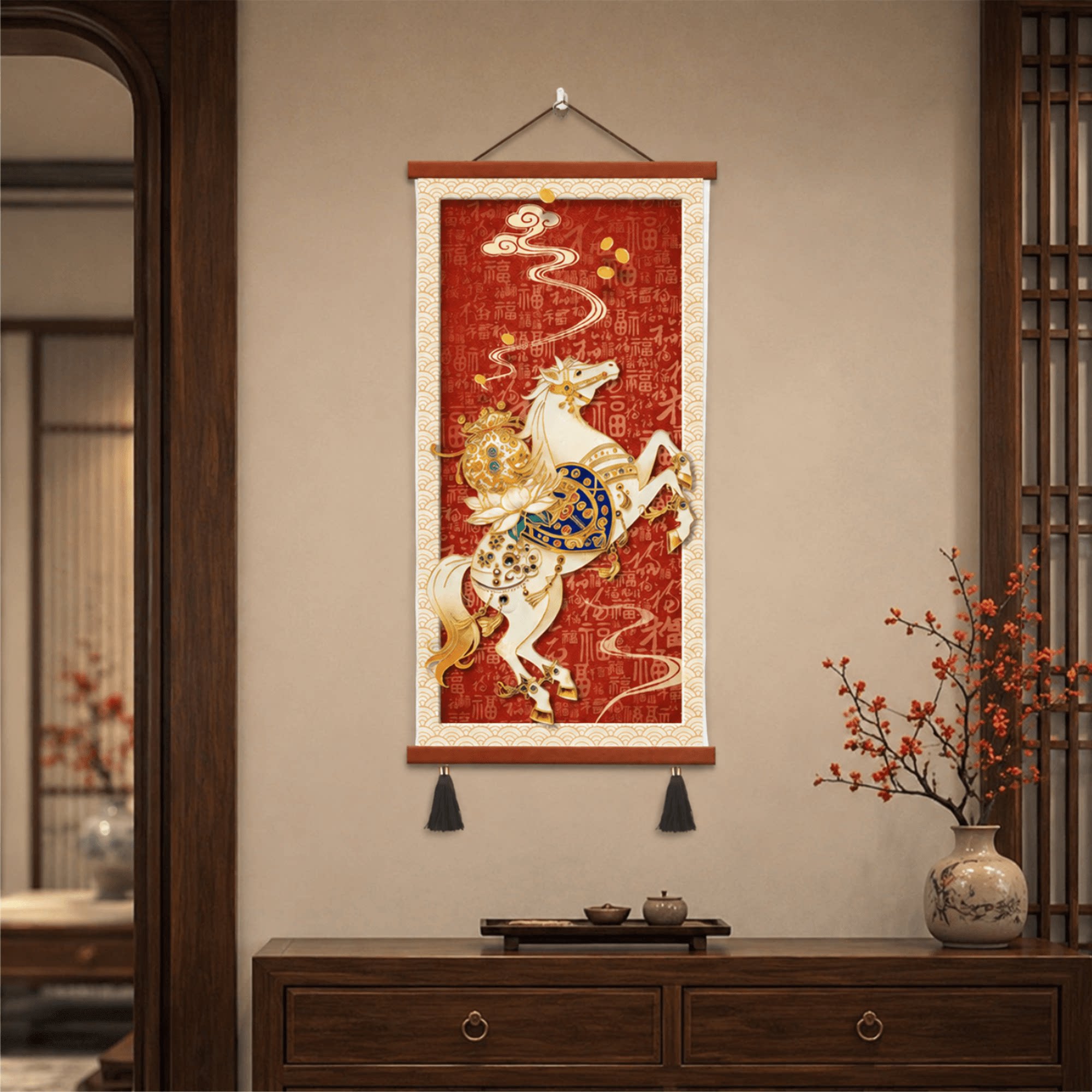 新中式轻奢入户正对门马到成功百福图玄关餐厅客厅走廊墙面挂画