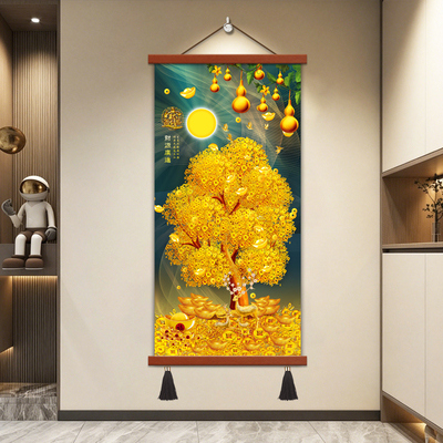 新中式聚财玄关挂画发财树装饰画店门招财进宝聚宝盆装饰画摇钱树