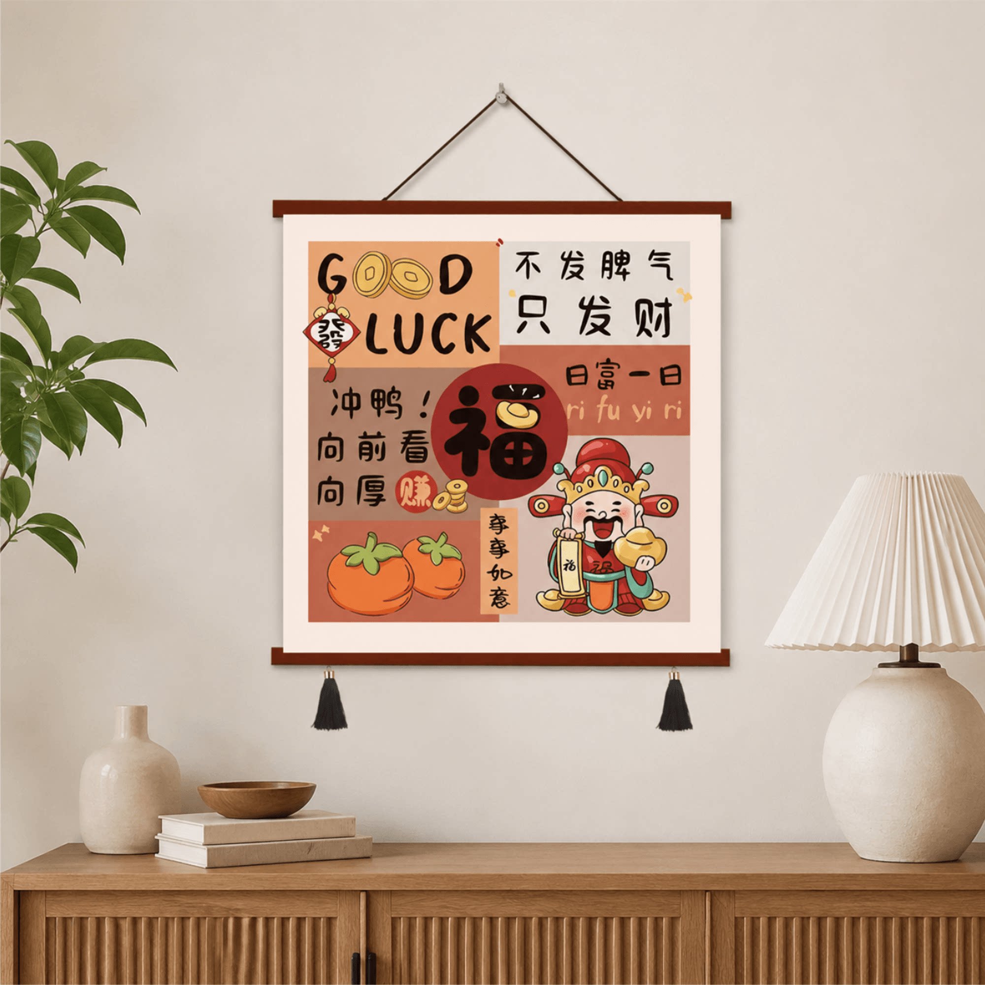 新款中式财神福字装饰挂画客厅玄关卧室招财壁画事事如意日富一日