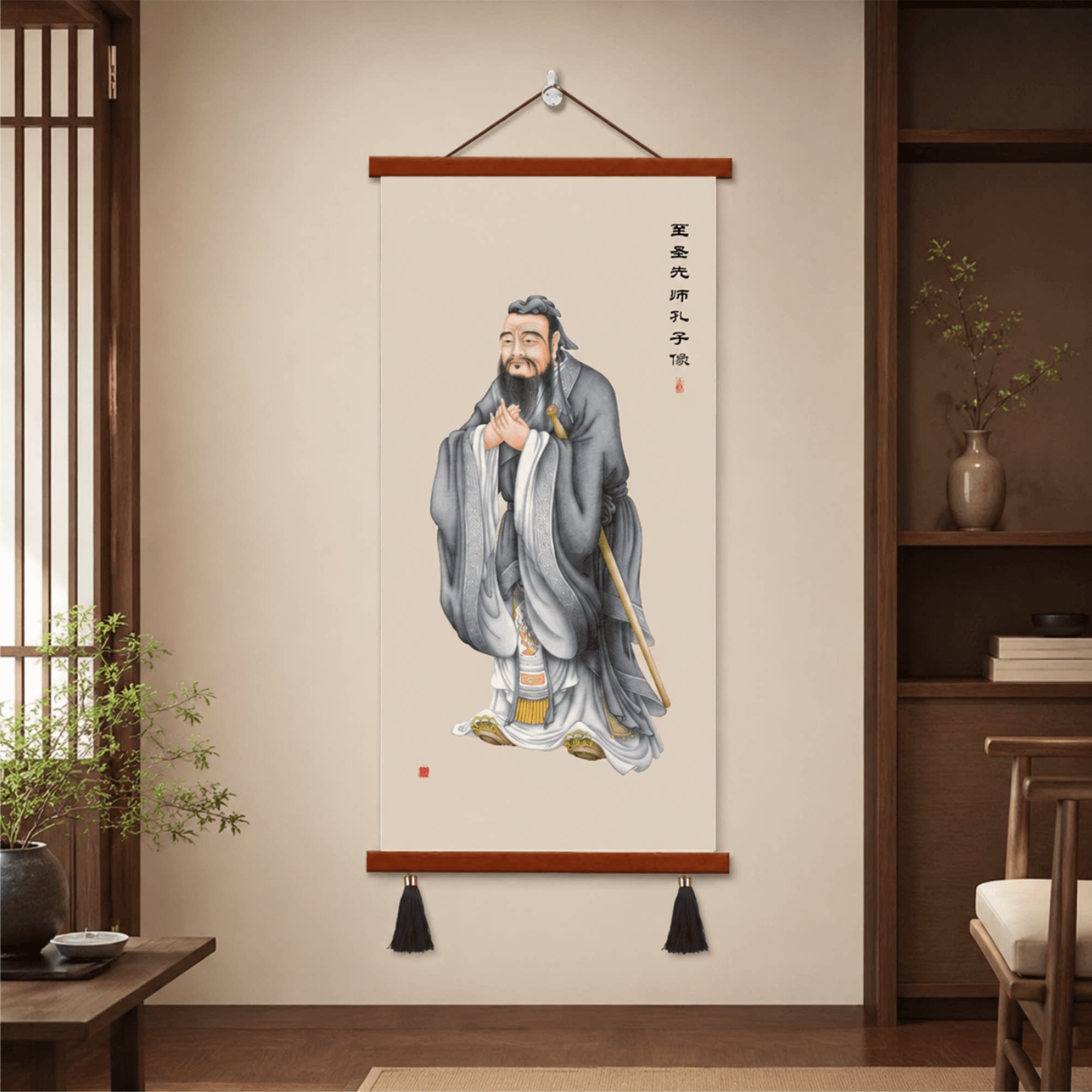 轻奢新中式孔子像挂画书房玄关过道竖版国学教室客厅墙面装饰壁画