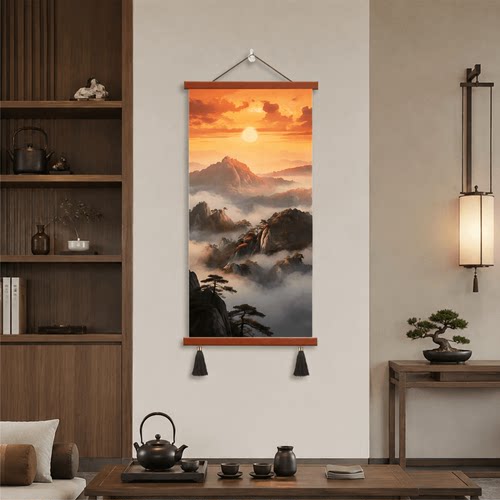 新中式日出云海山峦装饰挂画轻奢高档客厅玄关茶室禅意背景墙壁画