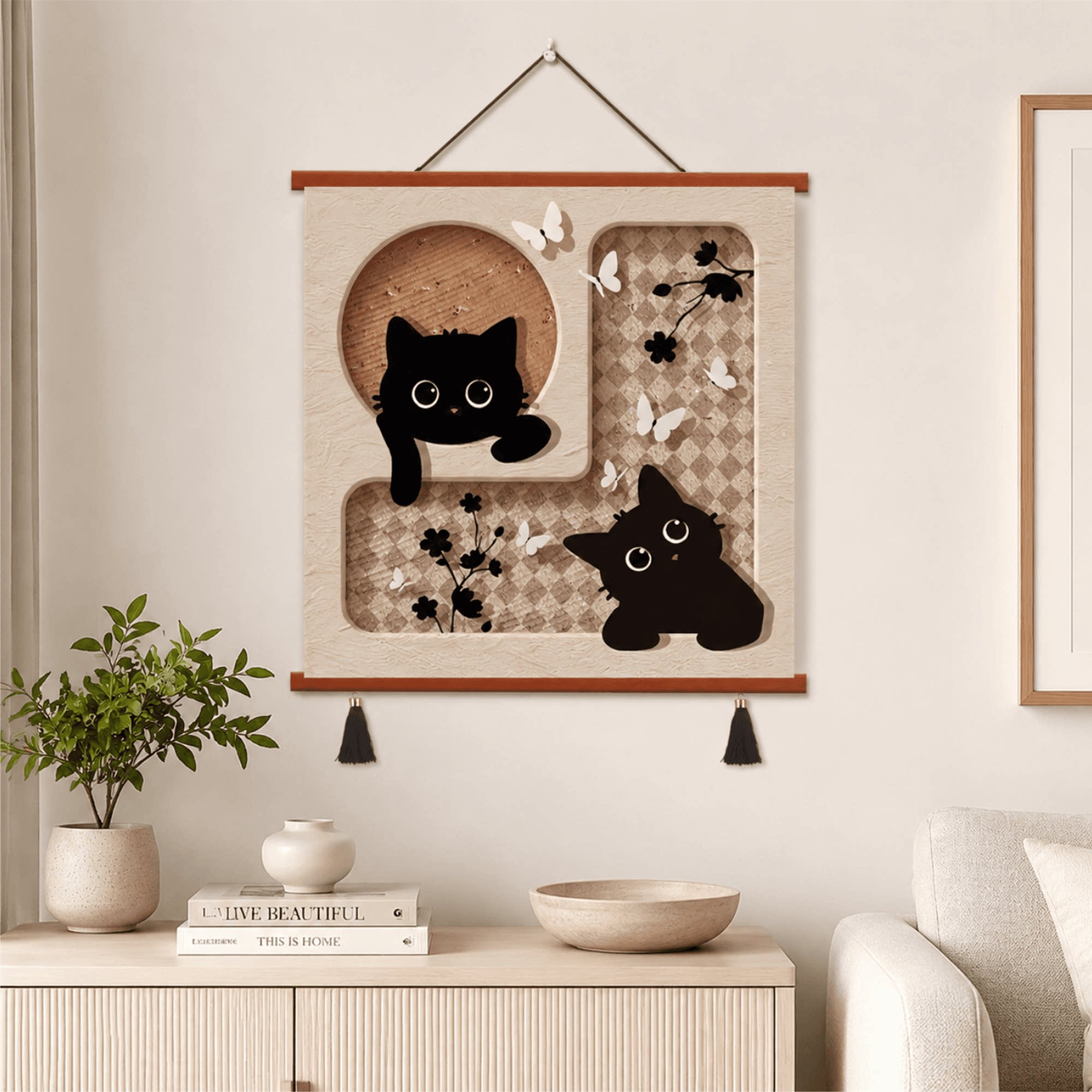 轻奢原木风黑猫立体浮雕装饰画客厅玄关卧室床头墙面温馨艺术壁画