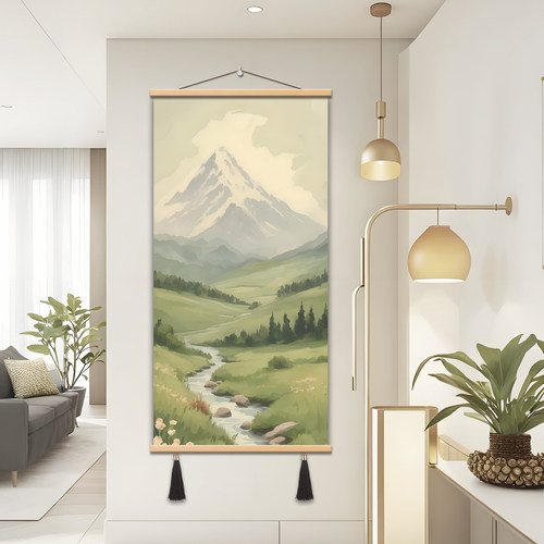 北欧风雪山风景装饰画客厅卧室挂画高清油画布流苏绳30x40