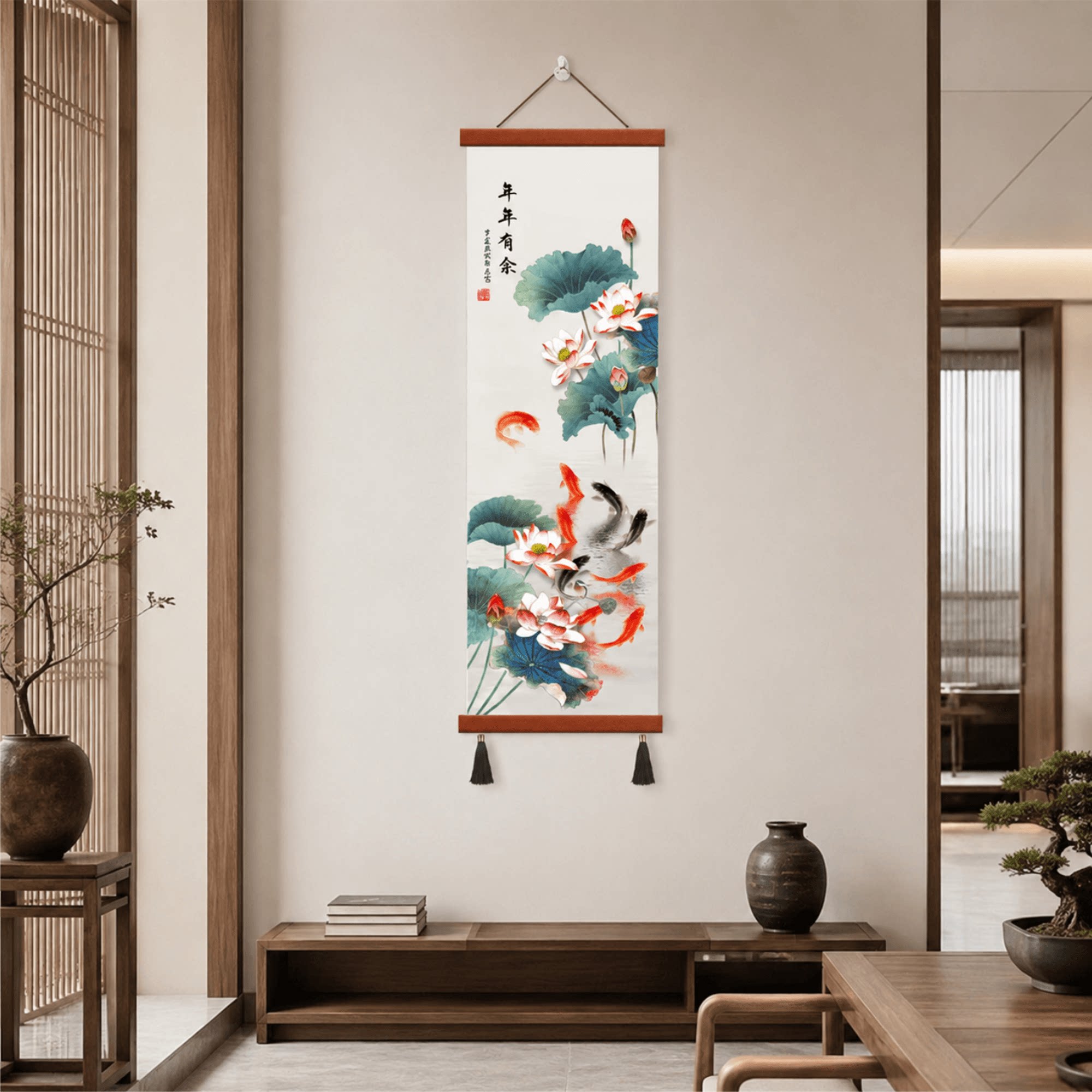 轻奢高档新中式玄关客厅年年有余荷花锦鲤挂画茶室书房墙面装饰画