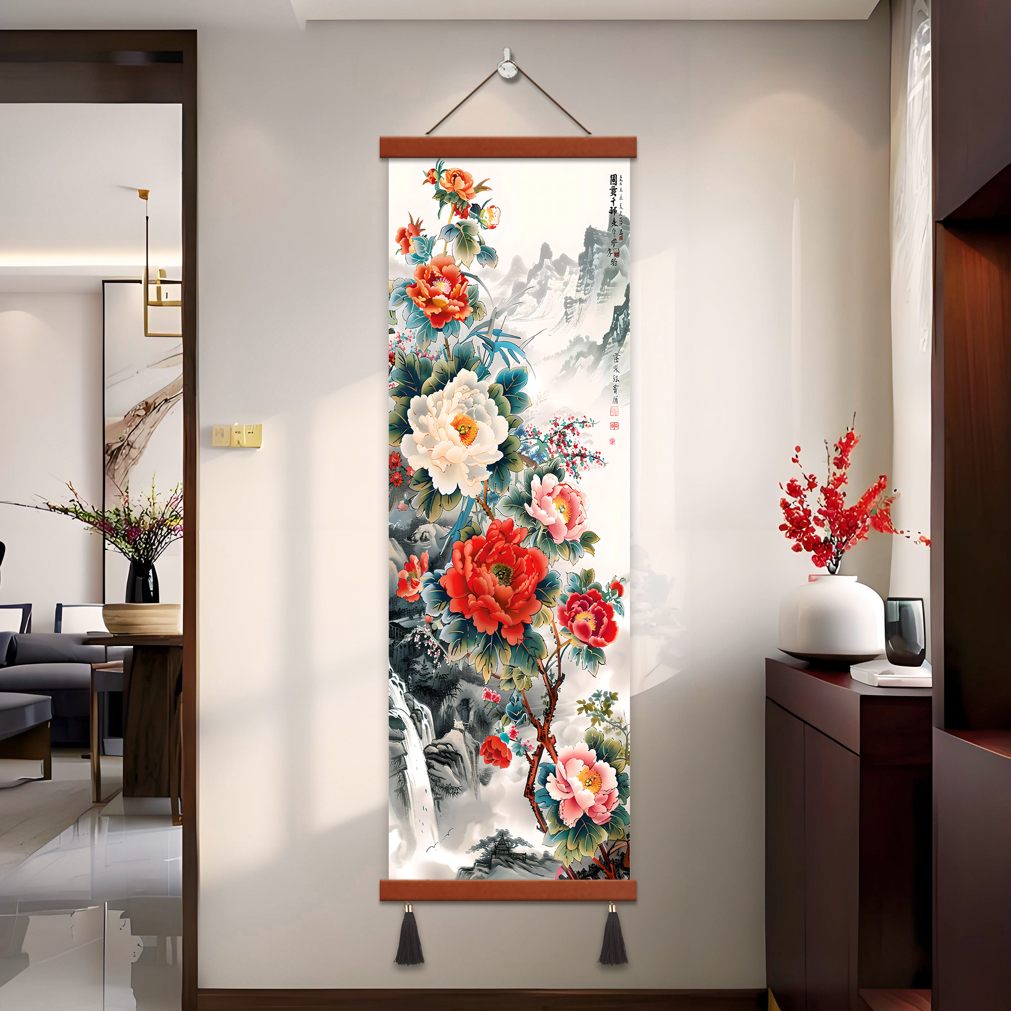 适合南墙的挂画牡丹花开富贵客厅卧室卷轴装饰国画高清喷绘花鸟图