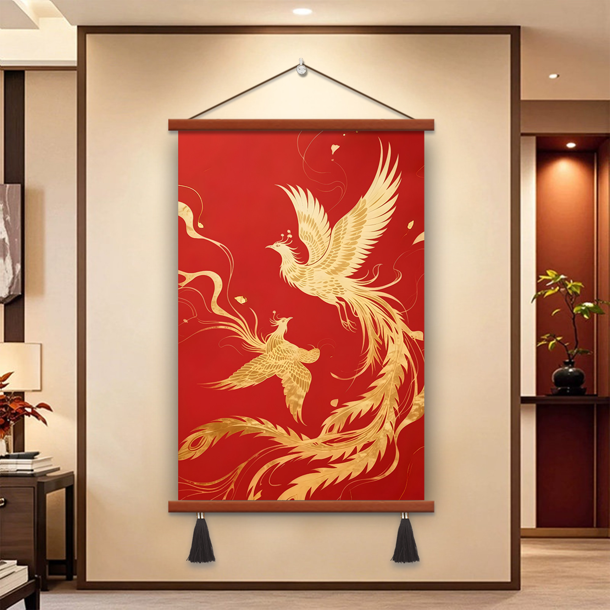 中国风宋代美学红色凤凰客厅新中式茶室书房装饰画玄关墙壁画挂画