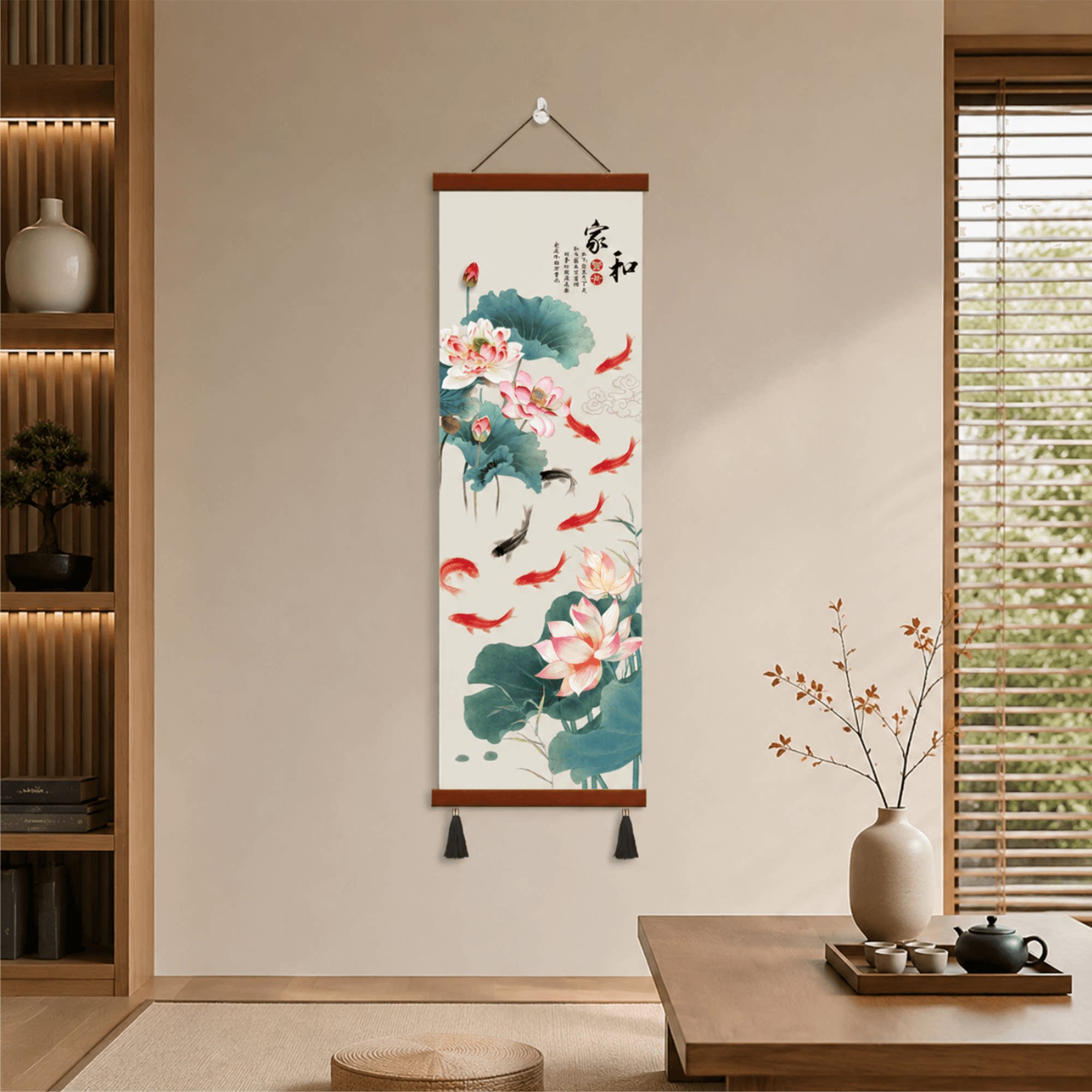 中式入户正对门玄关荷花九鱼图家和客厅走廊过道墙面装饰竖版挂画
