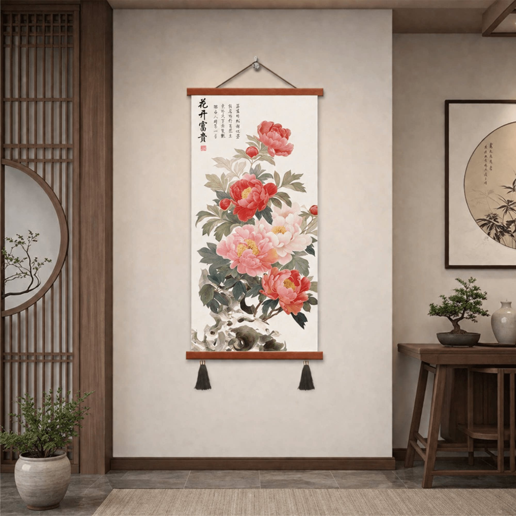 新中式轻奢花开富贵牡丹玄关装饰画客厅走廊竖版挂画餐厅墙面壁画