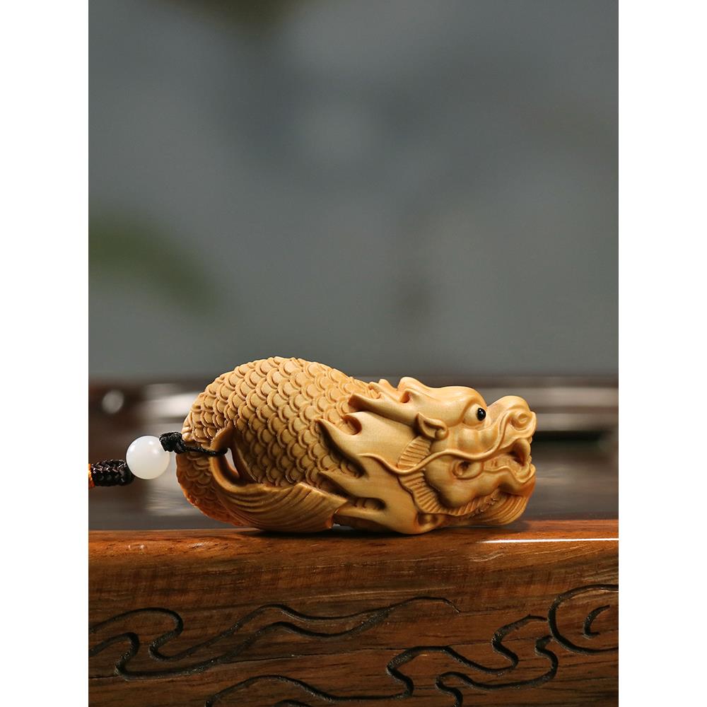 黄杨木雕鱼化龙手把件木质男女随身盘玩把玩家居饰品收藏汽车挂件