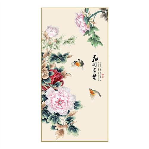 牡丹花鸟竖版装饰画新中式入户玄关过道背景墙面挂画花开富贵壁画图片