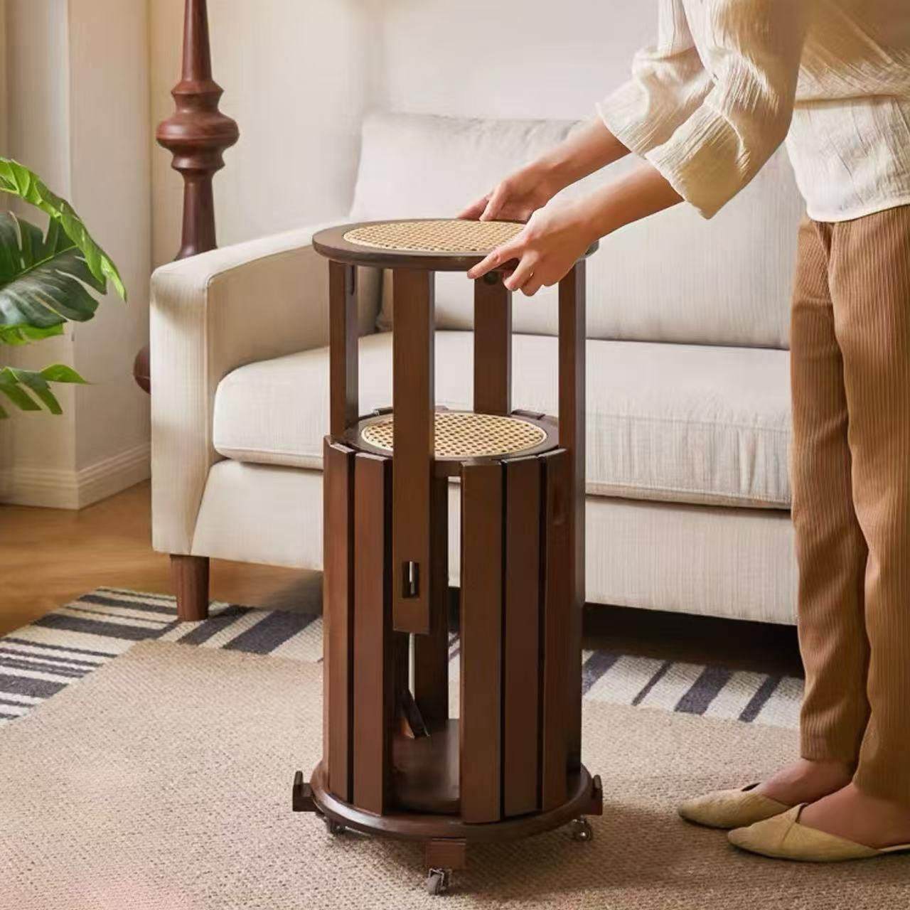 叠叠乐藤编圆凳中古风实木客人备用四合一餐凳客厅收纳可叠放凳子,住宅家具,组合凳,淘宝优惠券,粉丝福利购,淘宝优惠卷