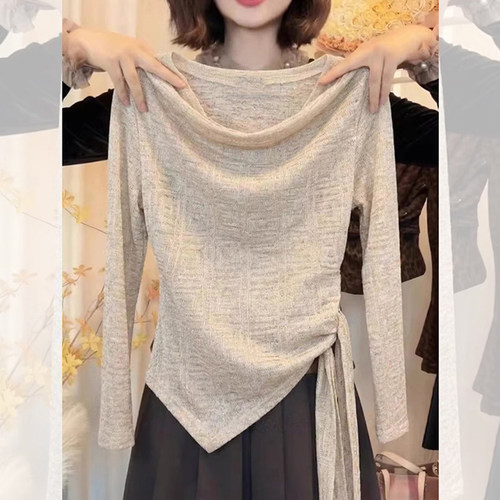 上衣杏色小香风荡领长袖T恤女春别致气质洋气系带收腰不对称0416d