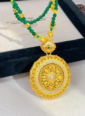 2026高保色古法沙金可旋转镶钻花丝八宝罗盘绿晶石吊坠项链diy串