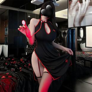 复古性感夜场无袖 高腰开叉A字裙 镂空挂脖盘扣旗袍裙御姐COS护士装