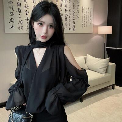 高级感时尚飘带V领露肩喇叭袖雪纺衬衫女春秋季辣妹洋气百搭上衣