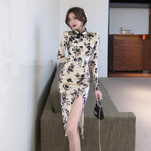 开叉花色连衣裙潮 旗袍裙名媛性感中长款 时尚 复古印花立领盘扣长袖