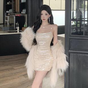 名媛风高级感重工亮片无袖 礼服裙轻奢性感闪闪露背包臀气质连衣裙