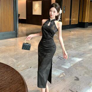 复古性感黑色哑光缎面镂空挂脖连衣裙设计感无袖 旗袍长裙 开叉修身