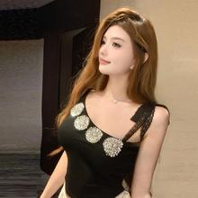 高级感重工镶砖斜肩蕾丝抹胸背心轻奢名媛性感无袖短款百搭上衣女