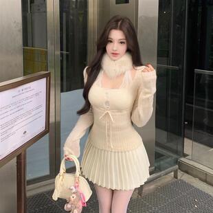 甜美少女韩系减龄内搭蕾丝吊带针织U领长袖 上衣丝袜百褶半裙套装