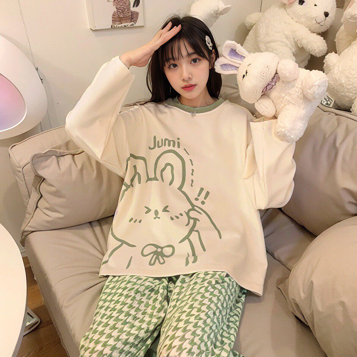 春秋季睡衣女新款长袖长裤女生甜美可爱兔子卡通宽松家居服夏天女