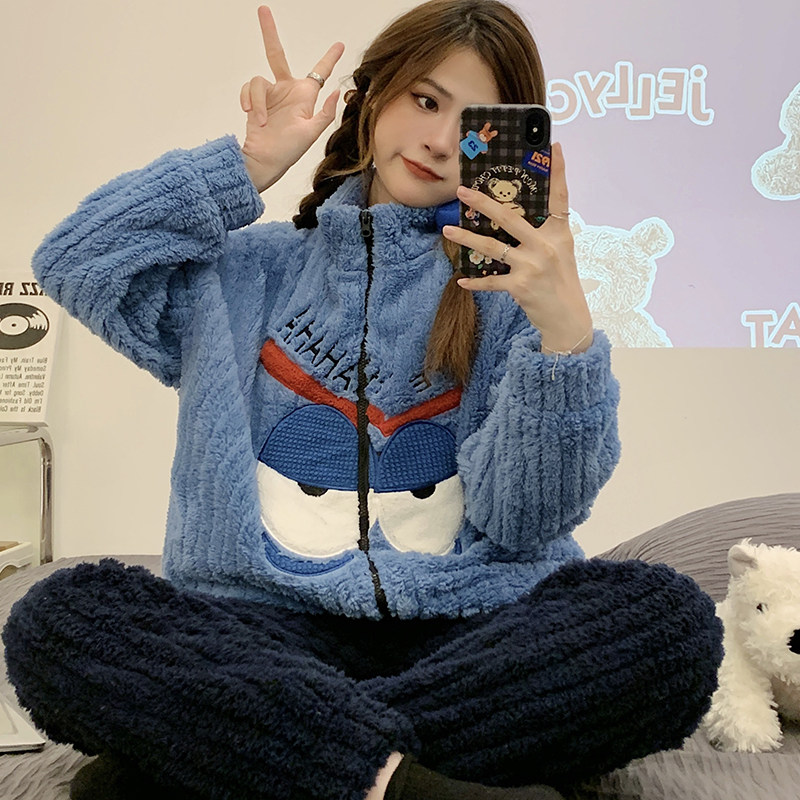 加厚珊瑚绒睡衣女秋冬季2023新款拉链法兰绒冬天保暖家居服可外穿