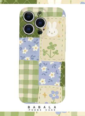 绿色清新格子小兔子菲林二合一手机壳适用苹果17nova14华为p70mate60小米15opporen14ovivo荣耀300iPhone16