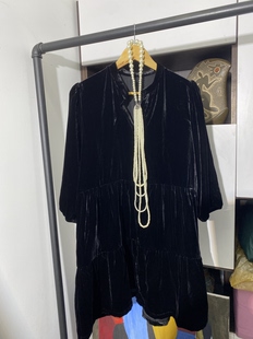 新款真丝丝绒连衣裙黑色丝绒蛋糕裙衬衫裙裙长92胸围100/104/108